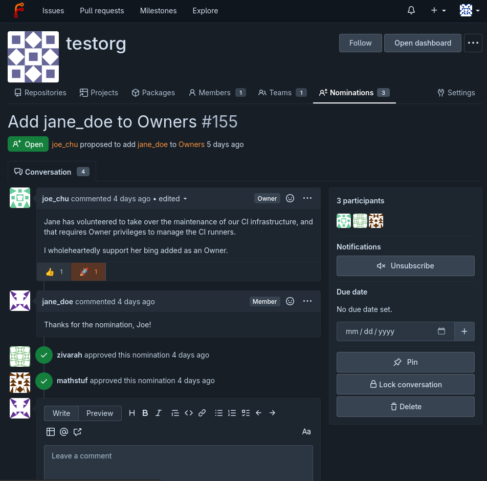 mock UI showing a sample nomination discussion