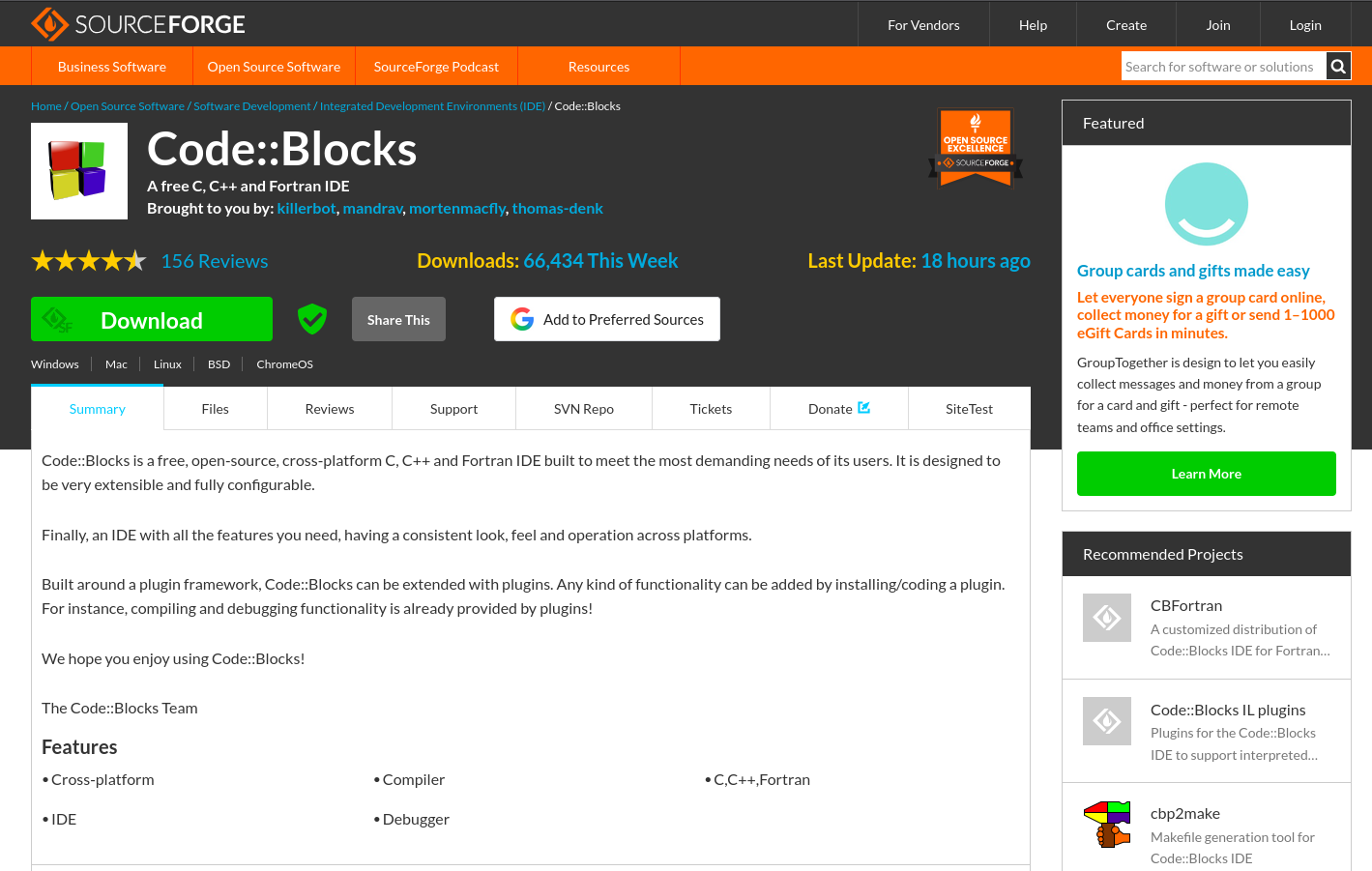 screenshot of Code::Blocks’ project page on Sourceforge